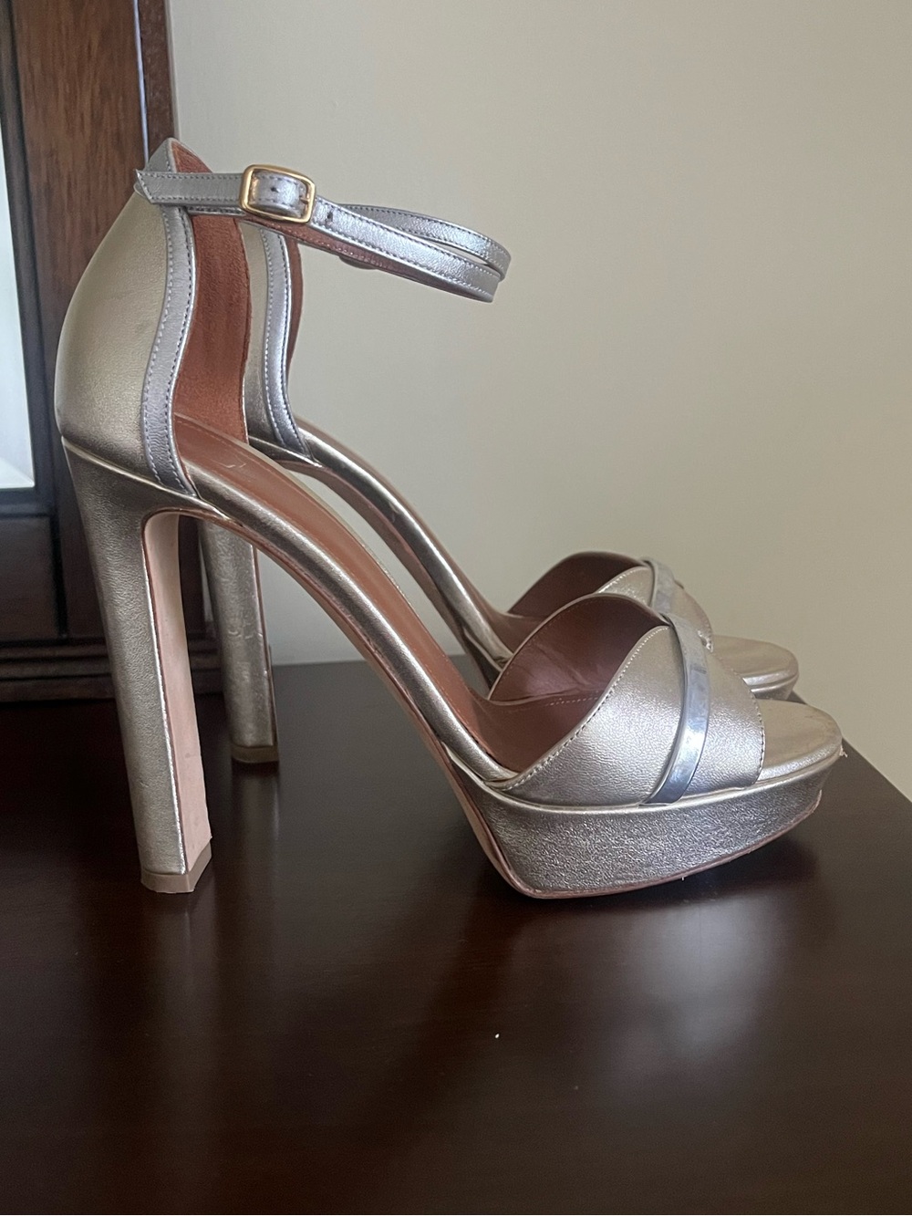 Malone Souliers Silver Metallic Platform Ankle-Strap Heels